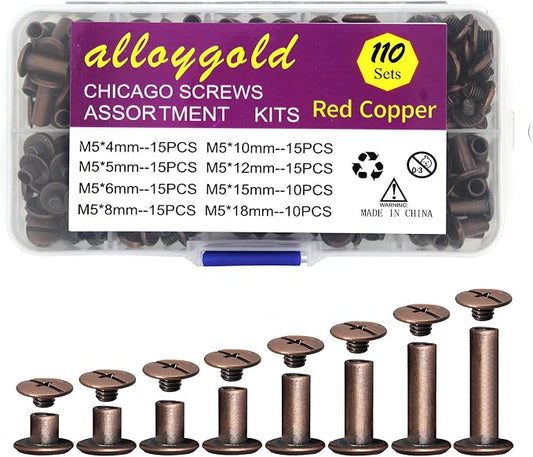 ALLOYGOLD 110 Sets Red Cooper Chicago Screws Assorted Kit 8 Sizes Leather Rivets Screw Flat Fillister Book BindingPosts Nail Rivet Chicago Bolts for DIY Leather Craft (M5 X 4,5,6,8,10,12,15,18)