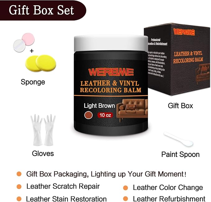 Leather Recoloring Balm & Color Restorer, Light Brown, 10 OZ | Restore Faded Leather Color, Cover Scratches & Scuffs. Easy DIY Application for Furniture, Sofa, Car Seats, Bags & Shoes