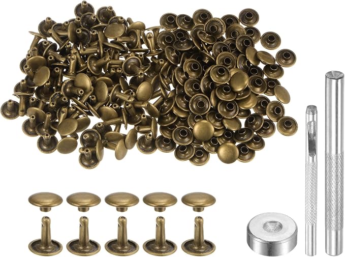 HARFINGTON 100 Sets Leather Rivets 10 x 10mm Metal Double Cap Rivet Snaps Studs Fasteners with 3pcs Setting Tools Rivets for Leather Craft DIY Repair Decoration, Bronze