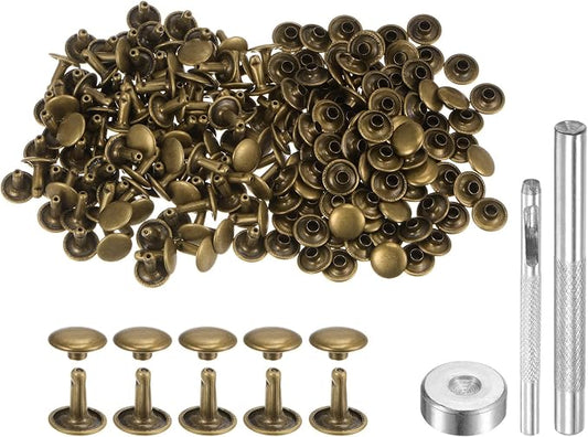 HARFINGTON 100 Sets Leather Rivets 10 x 10mm Metal Double Cap Rivet Snaps Studs Fasteners with 3pcs Setting Tools Rivets for Leather Craft DIY Repair Decoration, Bronze