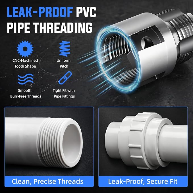 Valkynos 3PCS Internal & External Pipe Threading Tool, 1/2'' 3/4'' 1'' PVC Pipe Threader Kit with Storage Case, Heavy-Duty Alloy Steel, Electric Drill Compatible for Plumbing and Home Repair