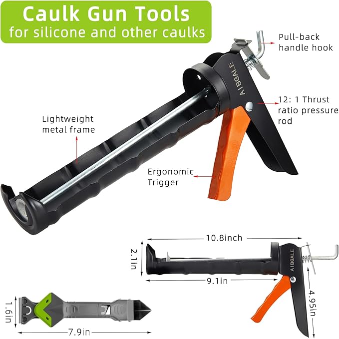 Variety Caulking Tool Kit, 2 Gray Silicone Sealant, Hand Caulking Guns and 5 in 1 Scraper/Smoothing Tool, Sandpaper, Gloves and Masking Tape, with All-Purpose 100% Silicone Caulk 20.2 Oz