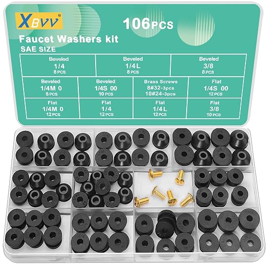 XBVV 106 PCS Faucet Washer Assortment Kit with Assorted Flat and Beveled Rubber Washers for Outdoor Garden Faucet Stem Leak Worn Replacement Repair