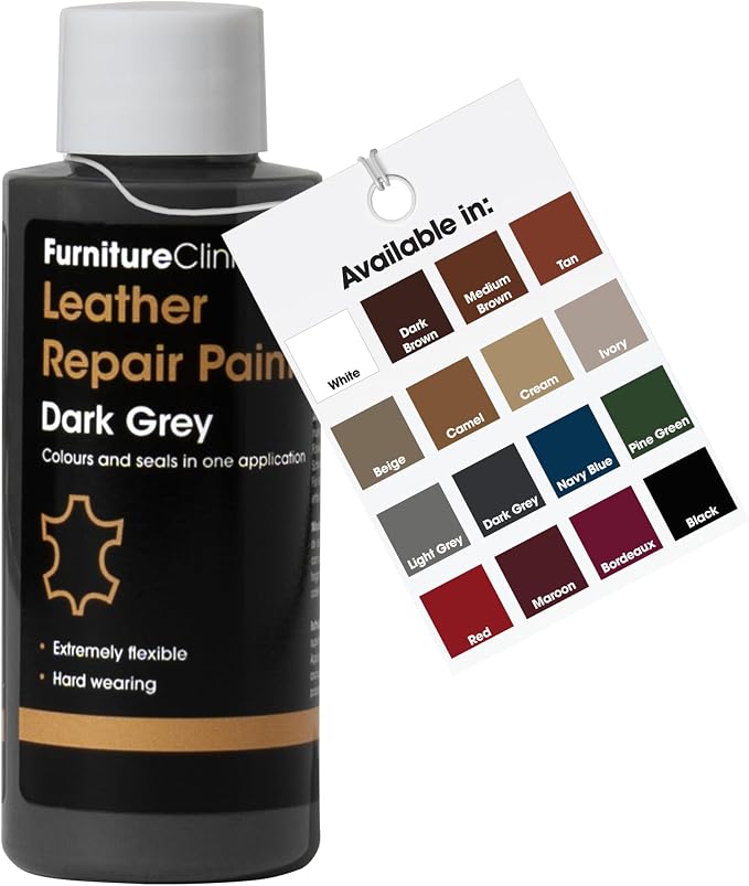 Furniture Clinic Leather Repair Paint | 2-in-1 Seal and Color | Use on Scratches, Tears, and Holes in Car Seats, Furniture | Quick and Easy Leather Repair Kit for Furniture (Dark Grey, 50ml / 1.7oz)