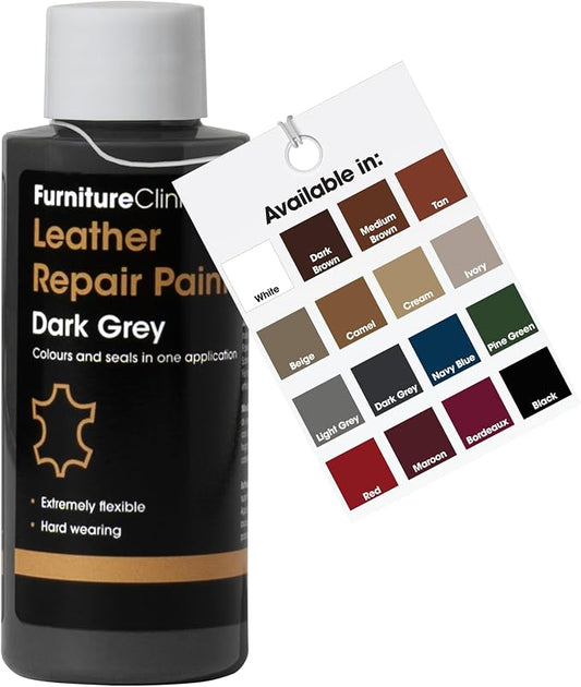 Furniture Clinic Leather Repair Paint | 2-in-1 Seal and Color | Use on Scratches, Tears, and Holes in Car Seats, Furniture | Quick and Easy Leather Repair Kit for Furniture (Dark Grey, 50ml / 1.7oz)