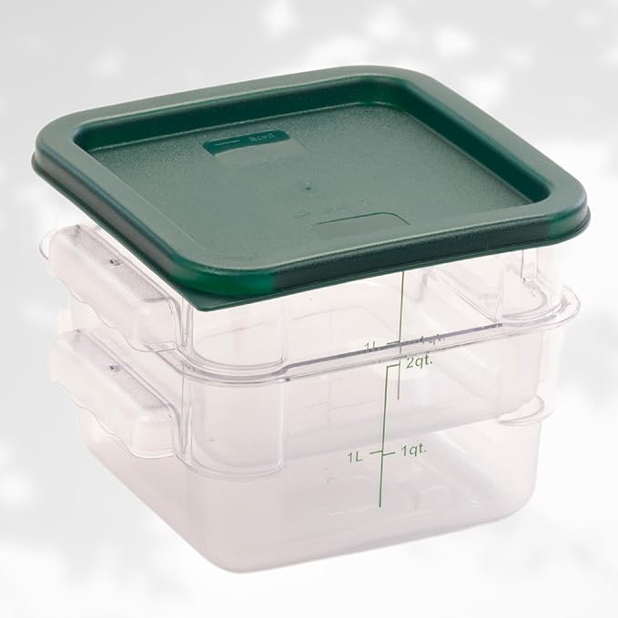 FSE Square Food Storage Container with Green Lid, 2 Quart, Polycarbonate, Reusable, Clear, NSF