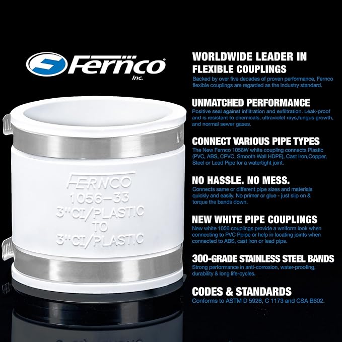 Fernco 1056-100 1-in. Flexible PVC Pipe Coupling for Plastic and Copper Plumbing Connections in White (Pack of 2)