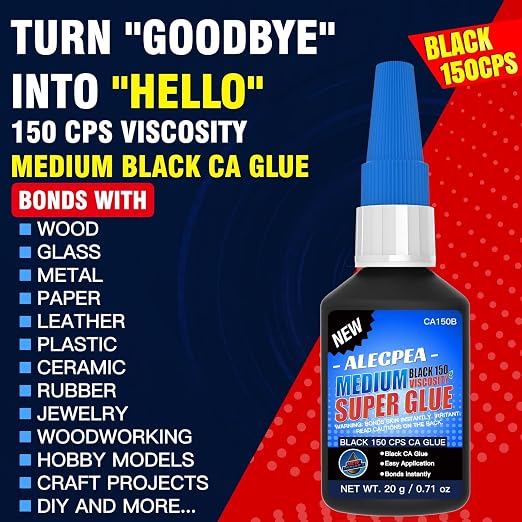 20g Black Medium CA Glue (150 CPS), Premium Cyanoacrylate Super Glue for Wood, Glass, Metal, Paper, Leather, Plastic, Ceramic, Rubber, Jewelry, Woodworking, Hobby Models, and Craft Project