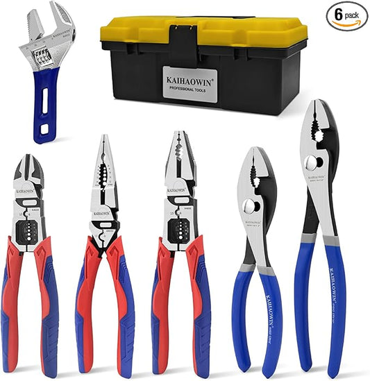 KAIHAOWIN 6-Piece Tool Set with Case, 8.8” Long Nose, 8.8” Linesman, 8” Diagonal, 6“ Adjustable Wrench, 8”&10” Slip Joint Pliers for Repairing & Home Use