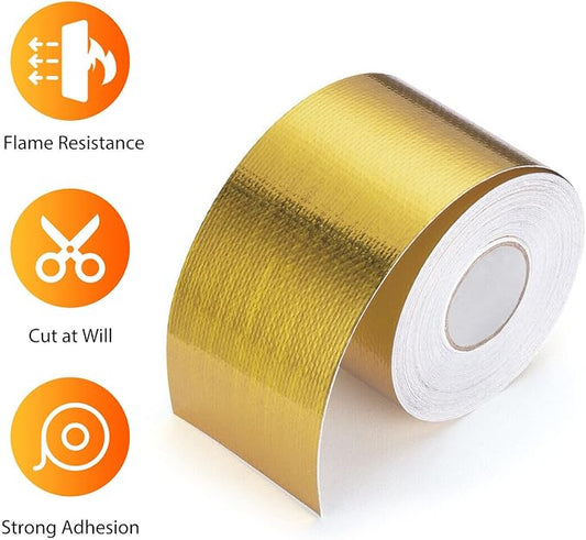Xinhan (Gold,Silver,Black) Aluminum Foil Heat Shielding Tape High Temperature Heat Reflective Adhesive Backed Tape Compatible With Car Intake Pipe Engine Bay Hoses Wires Etc (Gold, 2in x 50ft)