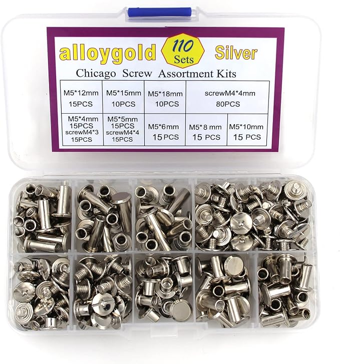 110 Sets 8 Sizes Chicago Screws Assorted Kit Round Head Stud Leather Screws Chicago Rivets for DIY Leather Decoration Bookbinding (M5*4,5,6,8,10,12,15,18)（Silver）