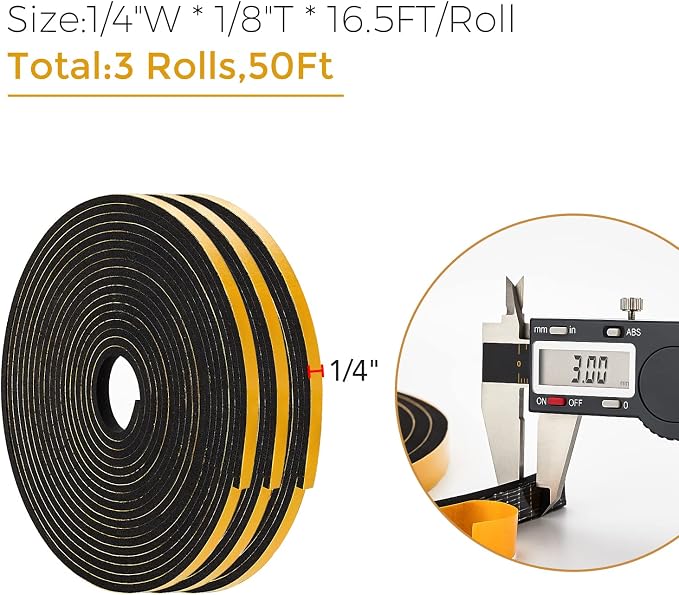 50 Feet Weather Stripping Door Seal, 1/4" Wide X 1/8" Thick Door Seal Strip High Density Foam Tape Adhesive Strip for Door Soundproofing,Window Insulation (1/4" x 1/8" x 50FT,Black)