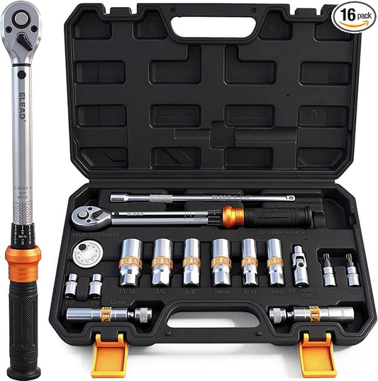 ELEAD 16-Piece Spark Plug Socket Set, 3/8" Drive Swivel Magnetic Spark Plug Removal Tool Kit with Torque Wrench (5–45 lb-ft), E-Torx & Torx Bit Sockets, Extensions & Universal Joint