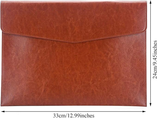 PU Leather A4 File Folder Document Holder Envelope Folder Case with Snap Closure for Receipt Contract Brown