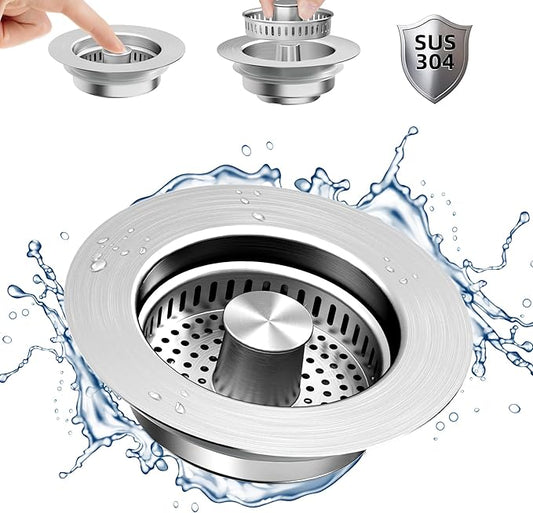 NinjaTiger Kitchen Sink Drain Strainer - Stainless Steel Sink Stopper 3-in-1 Pop-Up Sink Strainer with Anti-Clogging Basket Odor Filter Sink Drain Cover Plug for US Standard 3-1/2'' | Silver-1 Pack