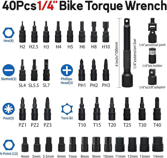 40-Piece 1/4-Inch Drive Electronic Torque Wrench Set, 1-22 Ft.lb (1.5-30 N.m), with Buzzer & LED Indicator, Bits & Sockets for Bicycle, Motorcycle, Lug Nut Maintenance