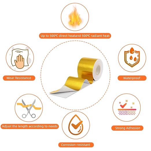 Zonon 2 Rolls Aluminum Foil Tape Heat Shield Tape Barrier Adhesive Reflective Fiberglass Thermal Insulation Reflective Material High Temp Protection (Gold,2 Inch X 32.8 ft)