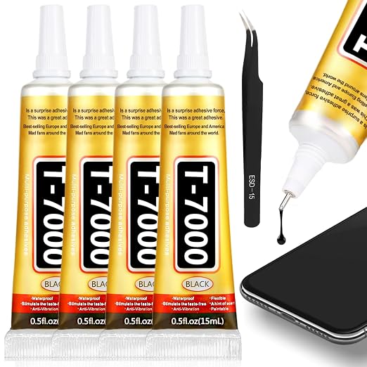 T-7000 Black Glue Adhesive, 4 x 15ML T7000 Adhesive Glue with Tweezers Precision Repairs Glue for Cell Phone Screen Electronics DIY Jewelry Making Crafts