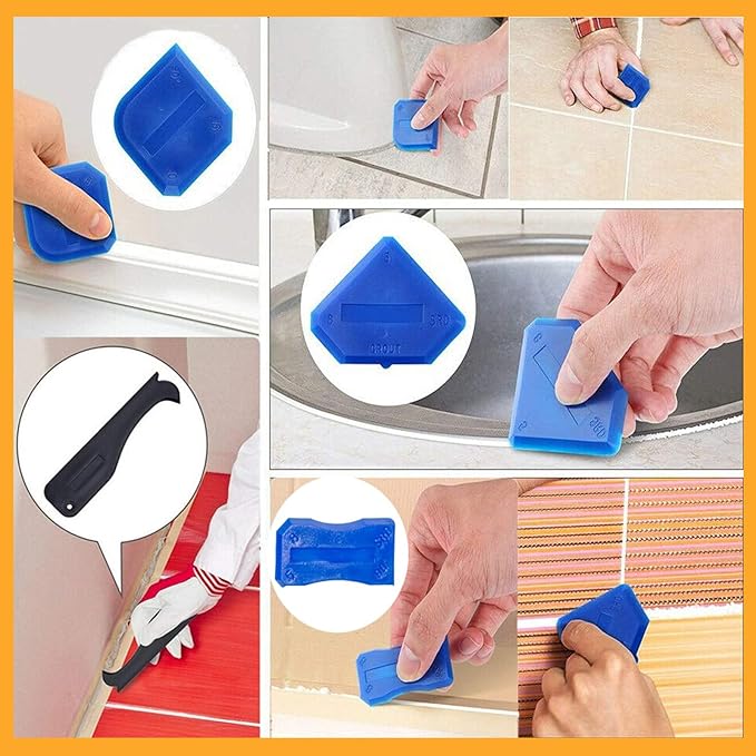 Sakerplus 3-in-1 Caulking Tool, Scraper & Silicone Trowel for Grout Removal and Caulk Smoothing, Sealant Application Tool for Bathroom Kitchen Tile Sink Window Frame (Classic with Scraper, 3 Sets)
