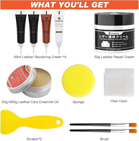 Black Leather Repair Kit for Furniture Leather Filler Mink oil for Car Interior, Car Seats, Sofa, Jacket and Purse, Vinyl Repair Kit with Color Matching Guide, Restores Artificial, Genuine Leather
