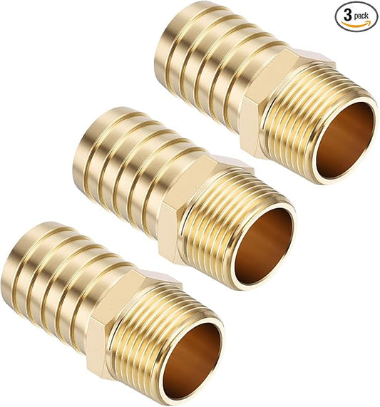 Pack of 3 Brass Hose Barb Fittings Adapter Connector 1" Hose Barb to 1" NPT Male Fittings for Home Machines, Massage Bathtubs, and Irrigation Systems
