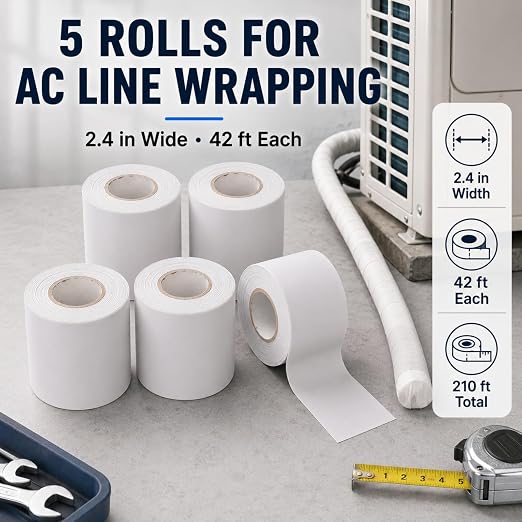 5 Rolls 2.4 in x 42 ft Each Air Conditioner Pipe Wrap Tape, PVC AC Line Set Tape, Weather-Resistant Tubing Protective Wrap for Mini Split Lines, Wires and Cables