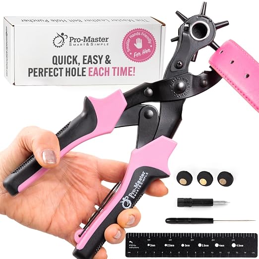 Pro-Master Belt Hole Puncher for Leather - Leather Punch Tool - 6 Multi-Size Rotary Heads 2-4.5mm - Double Leverage for Small Hands - Ideal for Watch Straps, Fabric, DIY Crafts - Crafting Kit - Pink