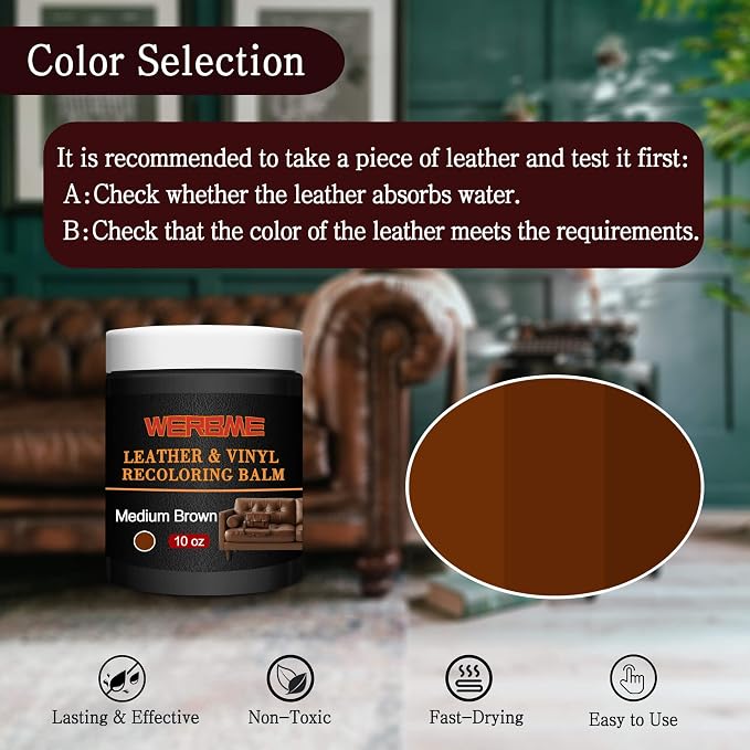 Leather Recoloring Balm & Color Restorer - 10 OZ, Medium Brown | Restore Faded Leather Color, Cover Scratches & Scuffs. Easy DIY Application for Furniture, Sofa, Car Seats, Bags & Shoes