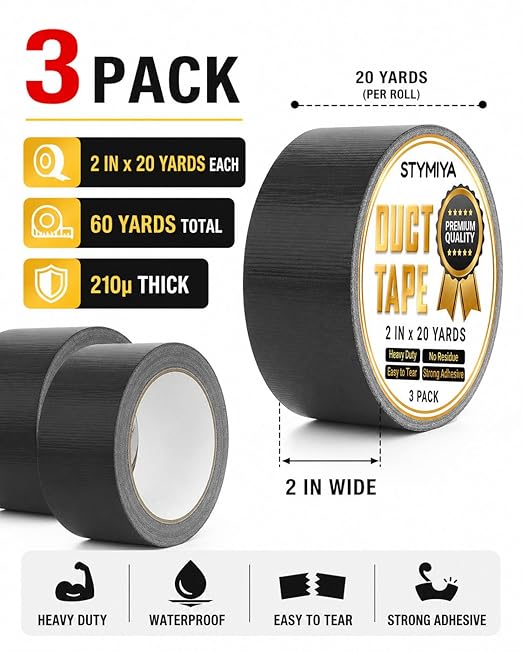 Black Duct Tape Heavy Duty: Wide Waterproof Outdoor Duck Furniture Repair Tape Bulk - Strong Adhesive Weather UV Resistant No-Residue Masking Tapes Patterns Variety Pack (3, Black)
