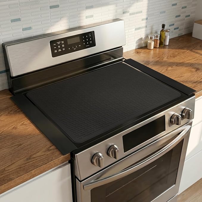 Silicone Stove Gap Covers with Stainless Steel, Oven Gap Filler Seals Gaps Between Stovetop and Counter, Stove Gap Guards Range Trim Kit, Easy to Clean Stove Gap Guard (Black 2 Pack,25"with mat)