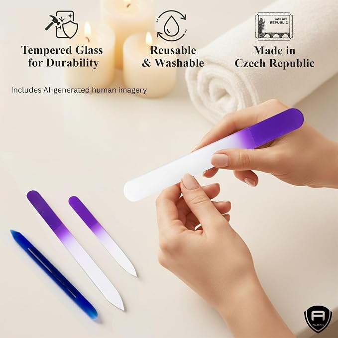 Alban Czech Glass Nail File Set with Manicure Stick & Vegan Leather Cosmetic Case (Purple Nail Files, Royal Manicure Stick & Cream Cosmetic Case)
