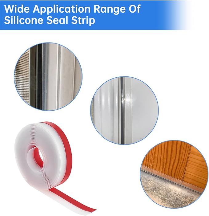 35mm Weather Stripping, 5M/16.4FT Transparent Silicone Weather Stripping Upgraded Strong Adhesive Door Seal Strip for Doors, Windows & Shower Glass Gaps, Waterproof & Soundproof Red Backing Tape