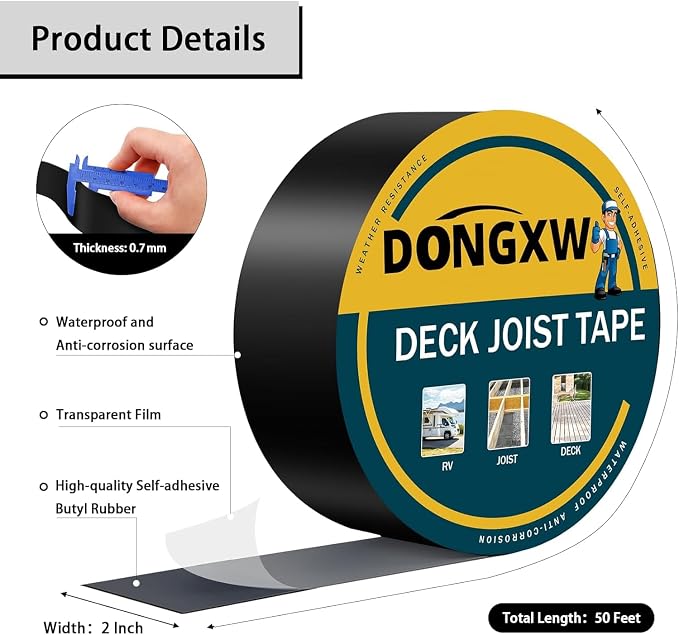 Dongxw Joist Tape for Decking 2''×50', Waterproof Butyl Deck Joist Tapes, Weather-Resistant Flashing Tape for Wood Decks Beams Roof, 10 Packs