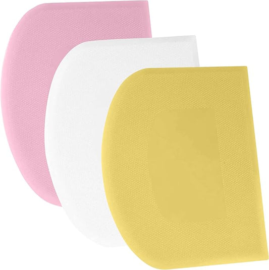 SURDOCA Dough Scraper Bench Scraper - 3P 10.6x6.7" Plastic Flexible Bowl Scraper, Sharp Edge & Angles Cake Scraper. Non-Slip Bakeware Decorating Tools Sculpting & Modeling Tools - Yellow+White+Pink
