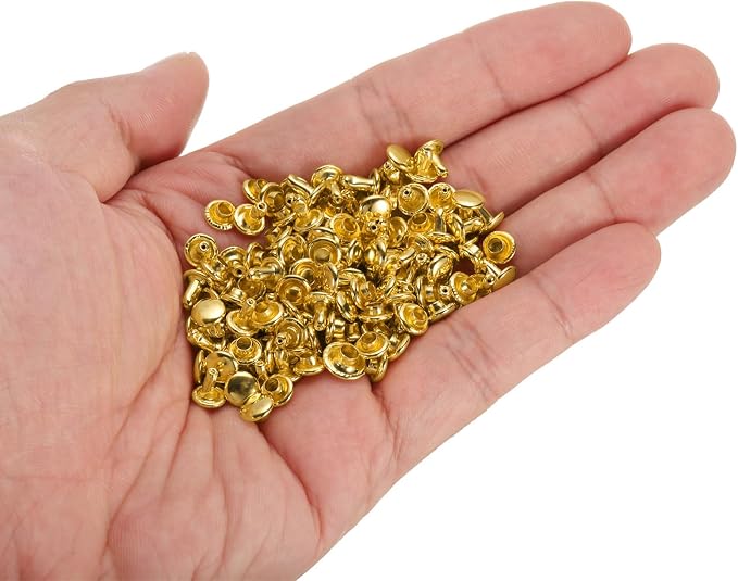 HARFINGTON 100 Sets Double Cap Leather Rivets, 6x6mm Round Cap Tubular Metal Studs Leather Crafting Rivets for Fabric Belt Pet Collar Boot Bag Repair and Decoration, Gold