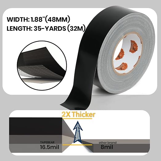 TAPEBEAR 16.5mil Thick Black Duct Tape Heavy Duty 1.88" x 105FT, Strong Tough Utility Ducting Tape Waterproof, No Residue, Flexible, Hand Tear Binding Tape for Bundle, Patch, Protect & Repair