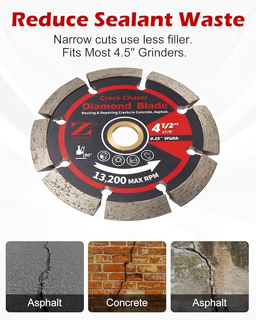 ZORUNNA Diamond Crack Chaser Blade for Concrete 4.5", 1/4" Wide V-Groove Concrete & Asphalt Crack Repair Diamond Blade for Angle Grinder, 7/8" Non-Threaded Arbor.