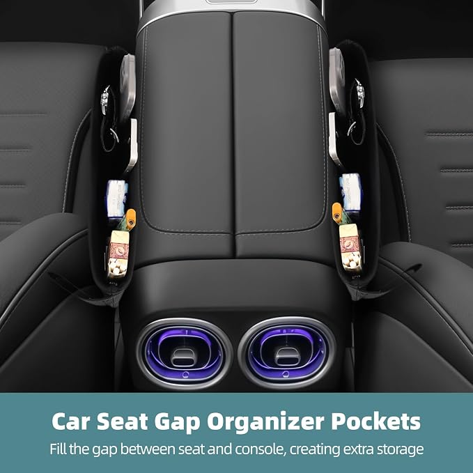 OMISTAR 2 PCS Car Seat Gap Organizers - PU Leather Car Console Side Pocket, Universal Car Seat Gap Filler Storage Box for Phone Keys Wallet Sunglasses, Car Interior Accessories Seat Catcher