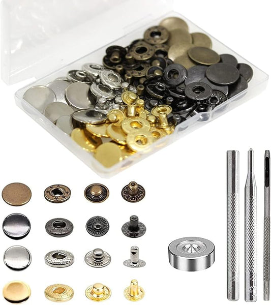 BetterJonny 24 Sets Heavy Duty Leather Snap Fasteners Kit, 17mm Metal Snap Buttons Press Studs Leather Rivets Snaps with 4 Setter Tools for Clothes Bracelet Jackets Jeans, 4 Color