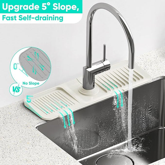 17.7inch Faucet Mat for Kitchen Sink [5°Slope Fast Self-draining] Faucet Mat Kitchen Sink Splash Guard Silicone Sink Splash Guard Kitchen Sink Area Tidy Splash Faucet Guard Draining Mat-Beige