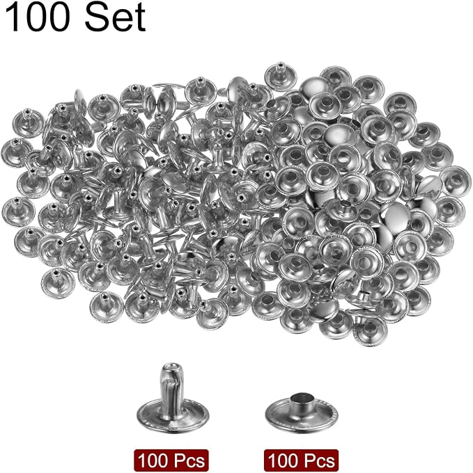 HARFINGTON 100 Sets Leather Rivets 8 x 10mm Metal Double Cap Rivet Snaps Studs Fasteners with 3pcs Setting Tools for Leather Craft DIY Repair Decoration, Silver Tone