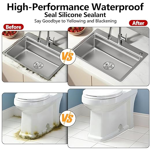 LISRUX Supreme Silicone Caulk for Kitchen & Bathroom, White, 10 fl oz Cartridge, 1 Pack - 100% Waterproof Silicone Sealant, Stronger Adhesion, Shrink & Crack Proof