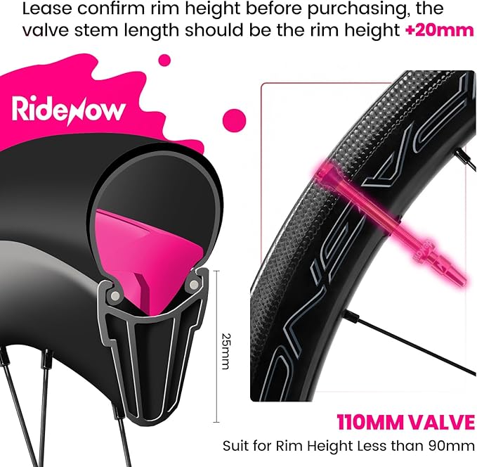 RideNow Tubeless Presta Valve Stems, 65mm Super Light Alloy Presta Tubeless Valve Stem Kit with Valve Core Remover Tool and Valve Stem Caps, Multiple Color and Size Options(Pair), Pink