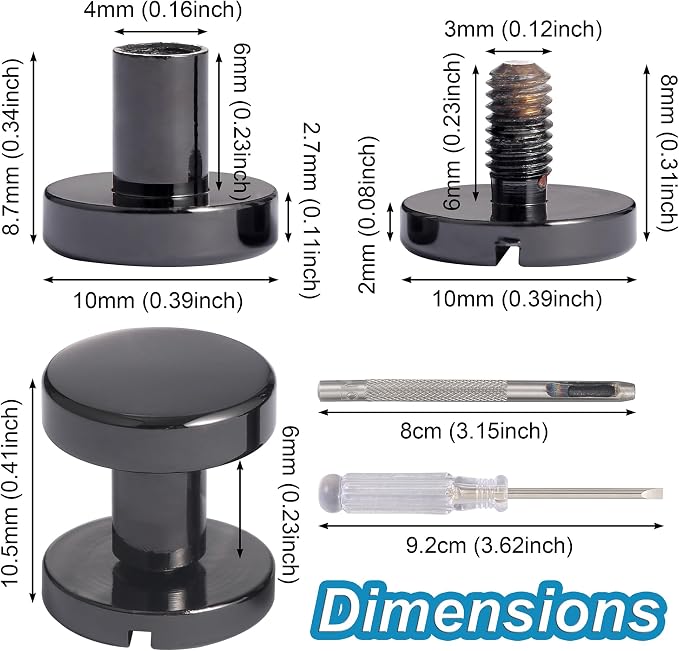 Notgia 6 Sets 10x6MM Brass Chicago Screws Rivets for Leather Binding Screws Studs Purse Hardware Spikes and Studs for Repair Decorate Clothing Shoes Belt Collar Leather Craft (Gun Metal)