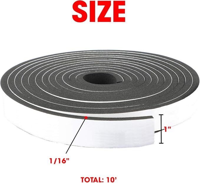 Neoprene Foam Strip Roll By Dualplex, 1" Wide x 10' Long x 1/16" Thick, Weather Seal High Density Stripping with Adhesive Backing – Weather Strip Roll Insulation Foam Strips
