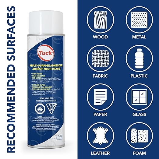 Tuck Multi-Purpose Spray Adhesive, 12 oz – Clear Fast-Bonding Web Spray for Leather, Wood, Vinyl, Paper, Plastic, Metal, Glass, Foam & More – Low VOC, 3-Way Adjustable Nozzle