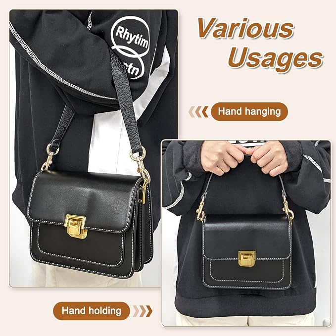 uxcell 22.83 Inch PU Leather Short Bag Strap with Clasp, Purse Handles Handbags Replacement Straps for Clutch Bag Crossbody Underarm Bags, Black, Light Gold Buckle