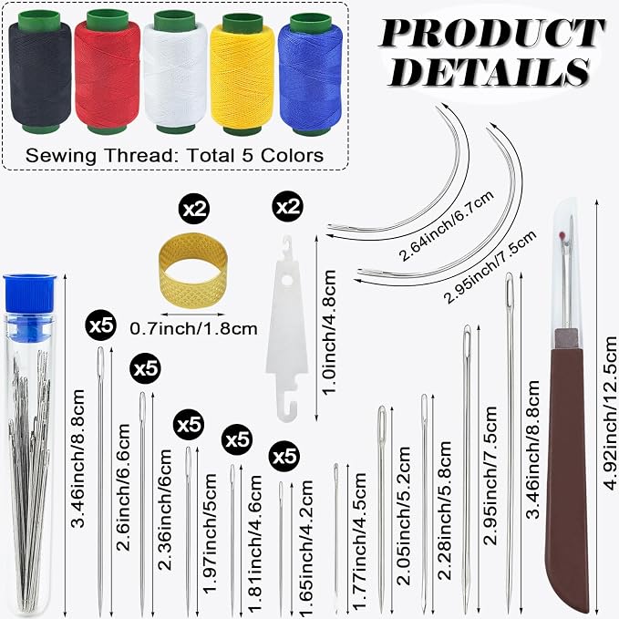 Upholstery Repair Sewing Needles Kit, 47pcs Needle and Thread Set with Seam Ripper, Leather Hand Sewing Stitching Needles, Threader, Thimble, Thread for Car Seats Carpets Shoes Backpacks Craft DIY