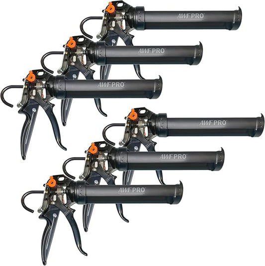 AWF PRO 10 oz Dual Thrust Caulk Gun, 25:1 or 12:1 Thrust Ratio, No Drip, Rotating Barrel, Comfort Grip, with Built-In Puncture Tool, Pack of 6