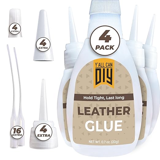 Y'allCanDiy Super Glue for Leather 4 Pk x .7 Oz. (20g)- Leather Glue - Adhesive for Purses, Sofas and Furniture. Heavy Duty Waterproof Cyanoacrylate Based Adhesive for Leathercraft, Upholstery